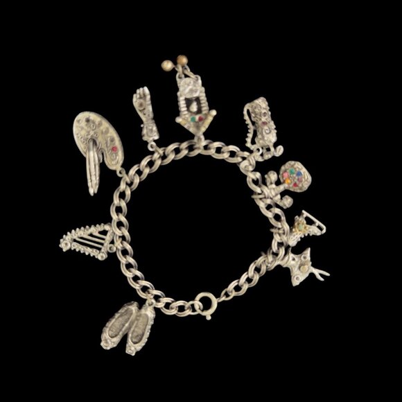 Jewelry - Vintage Silver-Tone Link Chain 9 Filigree Gem Charm Bracelet 7.5”